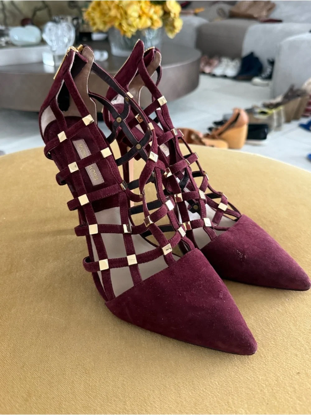 Michael Kors Burgundy Suede Cage Pointed-Toe Heels with Gold Accents - Picture 1 of 7